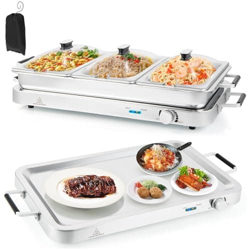 Image of TANGZON Electric Buffet Server, 3 Tray Hotplate Food Warmer with 3x2.5L Removable Pans, Lids, Warming Plate Function & Adjustable Temperature, 450W Chafing Dish Catering Serving Tray for Kitchen Party