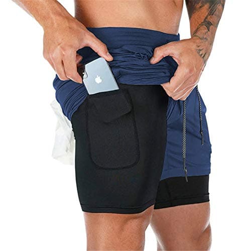 Image of Superora Mens Running Gym 2 in 1 Sports Shorts Breathable Outdoor Workout Training Shorts with Pockets Navy Blue