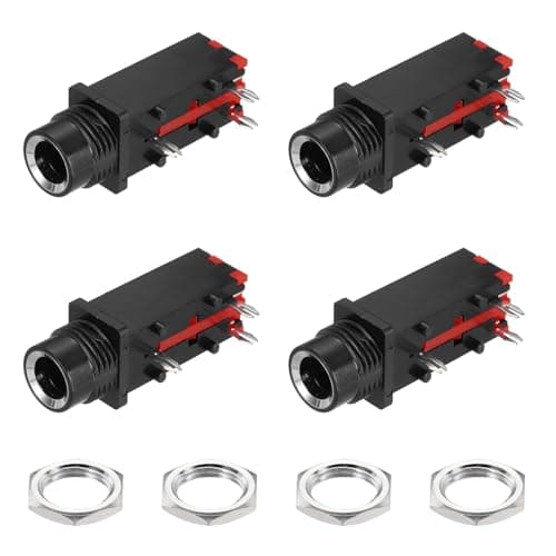 Image of sourcing map 4pcs 1/4" 6.35mm Stereo Audio Jack, 50V 3 Pin Female Nickel Plated PCB Mount Jack Video Connectors Stereo Headphone Socket with Nuts for Headphone, Speaker, Car Audio, 35x17x14mm