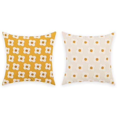 Image of Umimiss Daisy Cushion Set of 2 - Flower Pillows, Spring Boho Pillows, Vintage Hand Embroidered Pillowcases, Sun Flower Jacquard Pillowcase Cushion Case Square for Living Room Embroidered Pillow Sofa