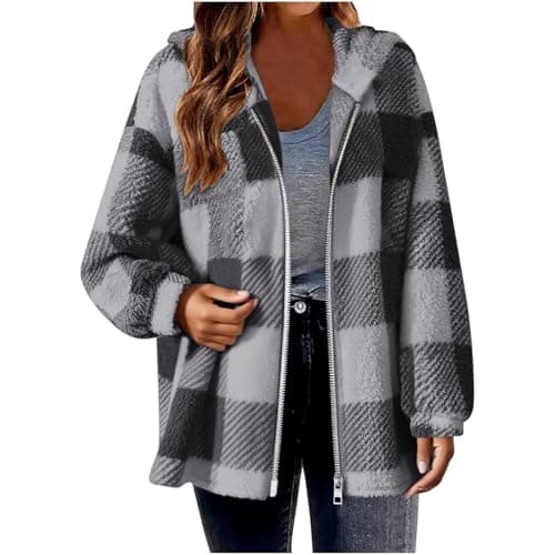 Image of Womens Fleece Shacket Jacket Plus Size, Ladies Plaid Shirt Jacket Oversized Hoodie Teddy Fleece Fuzzy Hooded Coats Zip Up Casual Long Sleeve Fluffy Tartan Checked Coat Size 8-22