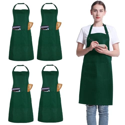 Image of FunChaos 4 Pack Unisex Chef Apron, Adjustable Bib Apron with 2 Pockets, Green
