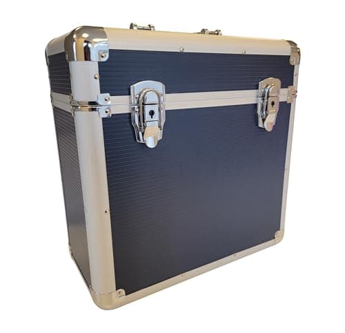 Image of Maison & White Vinyl Record Storage Case – Aluminium DJ Box Holds 50 LPs – Secure Locking Chest for 12” LPs, Albums & Singles – Heavy Duty Collector Case with Handle – Blue Audio Storage – M&W