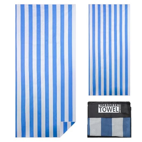 Image of TMEOG Microfibre Beach Towels 180x80cm Extra Large Sand Free Beach Towel for Adults Compact Thin Travel Towel Women Men Lightweight Swim Pool Yoga Towel with Bag(Blue Stripes)