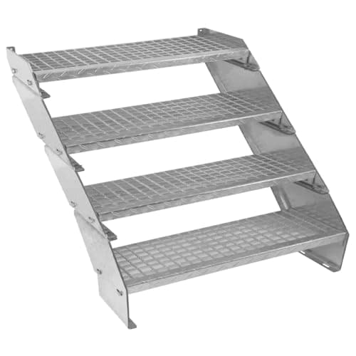 Image of Metal Galvanised Silver Steel Staircase 4 Section Adjustable Height 90cm / 900mm Wide 4 Steps Weatherproof Grate Step Outdoor Garden Patio Modular Stairs 5mm Rod Thickness FREE Fixing Kit