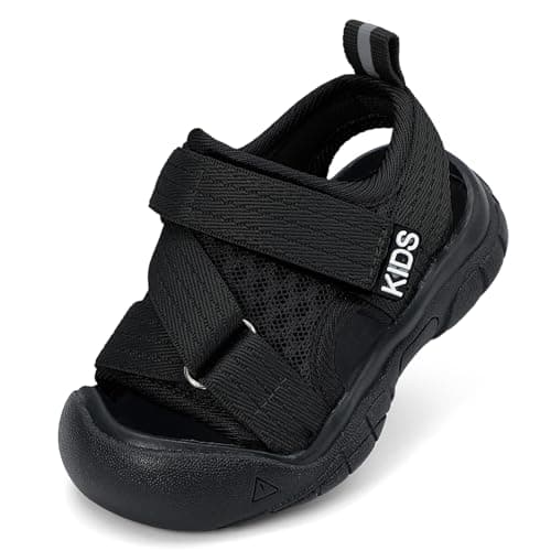 Image of Baby Boys Sandals Infant Toddlers Summer First Walking Shoes Kids Closed Toe Sports Sandals with Anti-Slip Rubber Sole,Black,Size 5.5 UK Child
