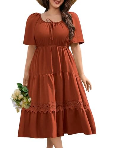 Image of CMTOP Plus Size Dresses for Women Summer Elegant Square Neck Flowy Maxi Dresses Elastic Waist A Line Ruched Long Dresses Ladies Casual Short Sleeve Boho Beach Holiday Sundress (Terracotta, 3XL)