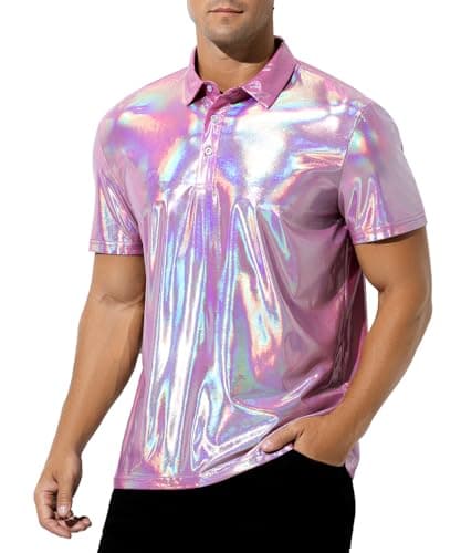 Image of Casey Kevin Men's Short Sleeve Collared Shiny Metallic Shirts Nightclub Button Down Shirt Reflective Rave Outfit Holographic Disco Top,Pink,Large