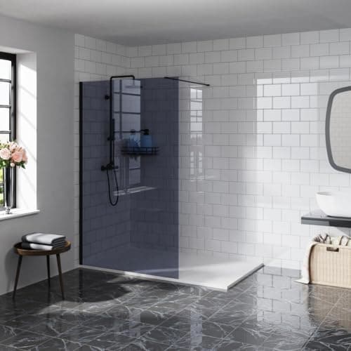Image of Aquariss 1200mm Walkin Shower Enclosure 8mm Easy Clean Grey Glass Shower Screen Panel with Stainless Steel Support Bar - Matte Black Frame