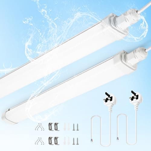 Image of BrightFly 4FT LED Batten Light, 3420lm 6500K IP65 Waterproof Plug-in Ceiling Light for Shed Loft Workshop Office Bedroom Kitchen (2-Pack)