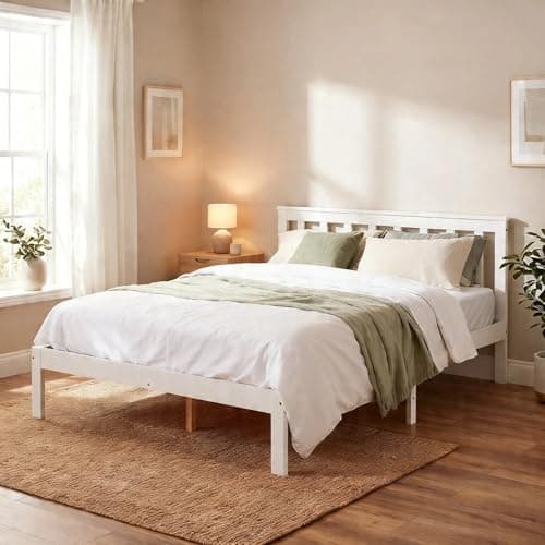 Image of Panana Solid Pine Wood Double Bed Frame 4FT6 Wooden Bed for Adults, Kids, Teenager, White, 135 * 190cm