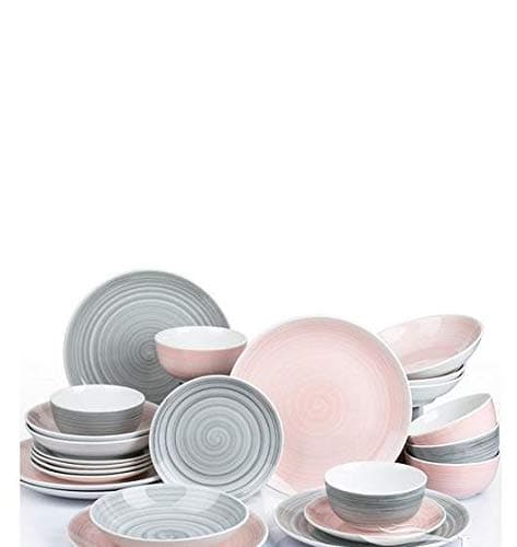 Image of Waterside Fine China 24 Piece Pink & Grey Spin Wash Dinner Set