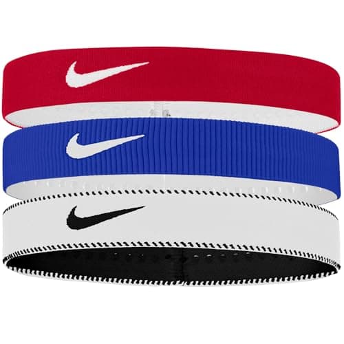 Image of Nike Classic Flexible Wide Band Headband, Seamless Knit, Stretch, Tapered, Red/Blue/White, One Size (Pack of 3)