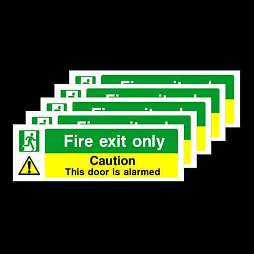 Image of 5x Fire Exit Only Caution This Door is Alarmed Self Adhesive Stickers 150x50mm