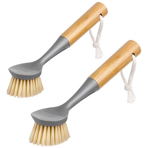 Image of MR.SIGA Dish Brush with Bamboo Handle Built-in Scraper, Scrubbing Brush for Pans, Pots, Kitchen Sink Cleaning, Pack of 2
