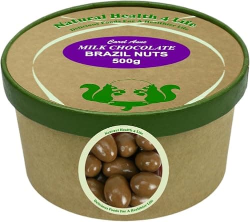 Image of Natural Health 4 Life Carol Anne Confectionery Milk Chocolate Brazil Nuts 500g, Chocolate Covered Nuts in Recyclable Tub, Gluten-Free – Ideal for Snacking or Baking – Made in UK (1 Tub)