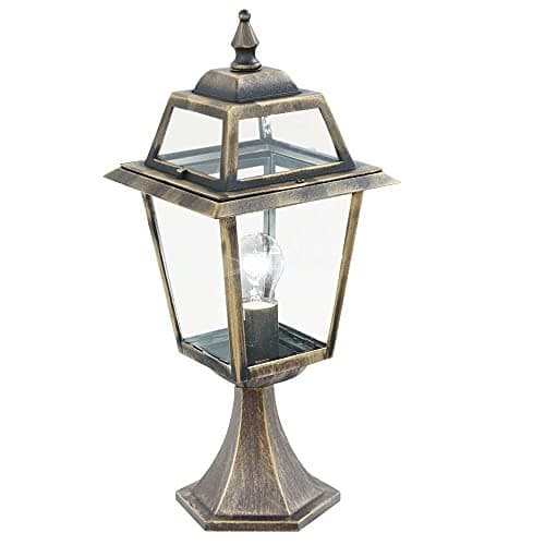 Image of Britalia Black Gold & Clear Glass Panel Outdoor Vintage Lantern Post Pedestal Light | IP44 Exterior Rating | Ideal for Gardens - Driveways - Patio Lighting | 1 x E27 Lamp Required (Not Included)