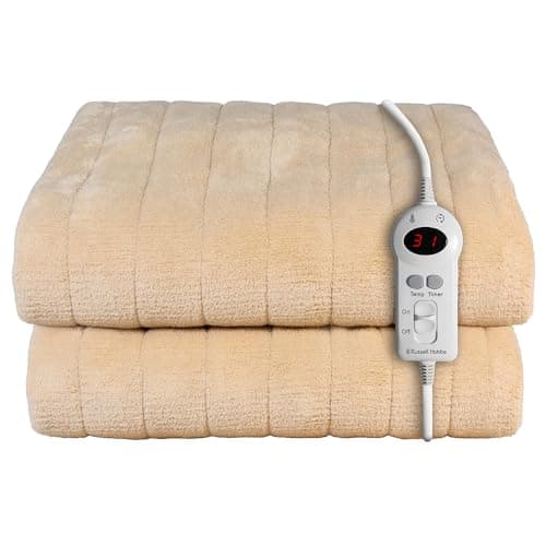 Image of Russell Hobbs Electric Blanket Beige Heated Throw Sherpa & Microfleece 130 x 180 cm with Digital Remote, Auto Shutoff Overheat Protection 12 Hour Timer, 9 Heat Settings 2 Year Guarantee, RHHT1004BG