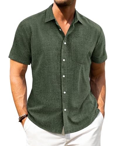 Image of J.VER Mens Short Sleeve Linen Shirts Fashion Olive Green Summer Fashion Beach Holiday Casual Button Down Shirt M