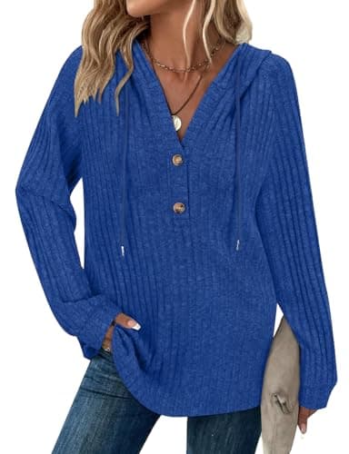 Image of Syphiby Oversized Hoodie Womens Autumn Clothes Long Sleeve Jumpers for Women UK Ladies Lightweight Sweatshirt Ribbed Womens Sweaters Winter Top Royal Blue