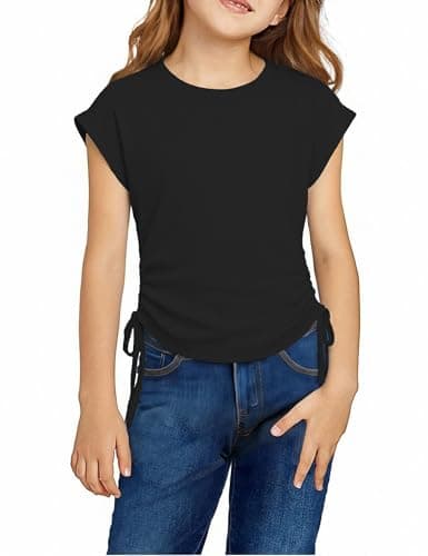 Image of Arshiner Girls T-Shirts Extended Shoulder Kids Summer Short Sleeved Tops Cotton Shirt Round Neck with Drawstring Tshirts for Girls 10-11 Years Black