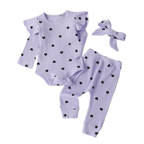 Image of Xumplo Baby Girl Clothes Infant Heart Prints Outfits Long Sleeve Romper and Pants Clothing Sets Purple Daily Wear 1-3 Months