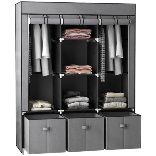 Image of HOMCOM Fabric Wardrobe for Bedroom, Portable Wardrobe with 5 Shelves, 2 Hanging Rails and 3 Fabric Drawers, Foldable Closet, 125 x 43 x 162.5cm, Dark Grey