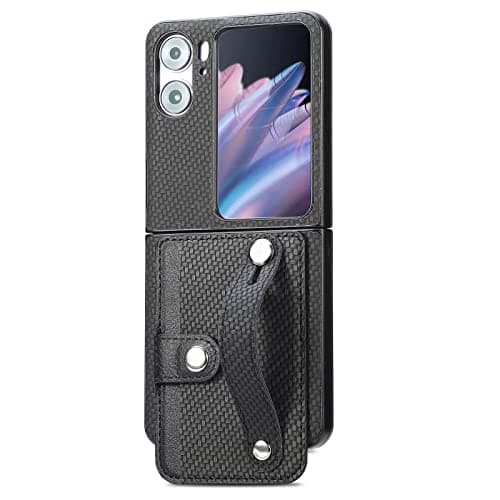 Image of Unichthy Case for OPPO Find N2 Flip Case with Wristband Kickstand, Card Holder Design Shockproof Cover with Non-Slip Grip Surface Full Protection Phone Case Cover for OPPO Find N2 Flip 5G 2023 Black