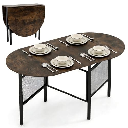 Image of COSTWAY Folding Dining Table for 6-8, 150cm Drop Leaf Table with Metal Legs, Space Saving Oval Writing Console Table Furniture for Home Kitchen Dining Room Office (Brown+Black)