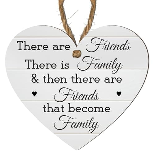 Image of Handmade Wooden Heart Plaque – Friends That Become Family – Hanging Wall Sign with Inspirational Quote – 10cm x 9cm Rustic MDF Heart-Shaped Décor for Home, Gifts for Friends, and Family