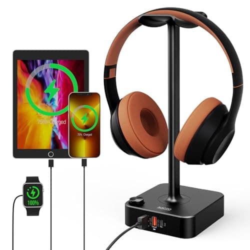 Image of ALACOO Headphone Stand with USB Charger Port Desktop Gaming Headset Holder with 2 USB-A & 1 Type-C Charging Ports for Home and Office and Gaming, DJ, Wireless Earphone Display,Headphone Hook (black)