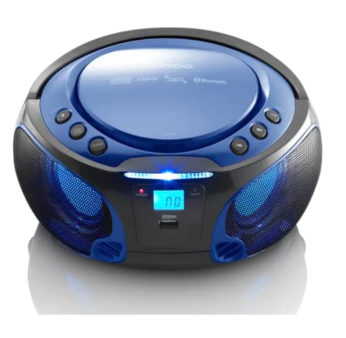 Image of Lenco SCD-550 Party Boombox with Disco Lights / Portable Stereo with FM Radio, CD, Bluetooth and USB - Blue