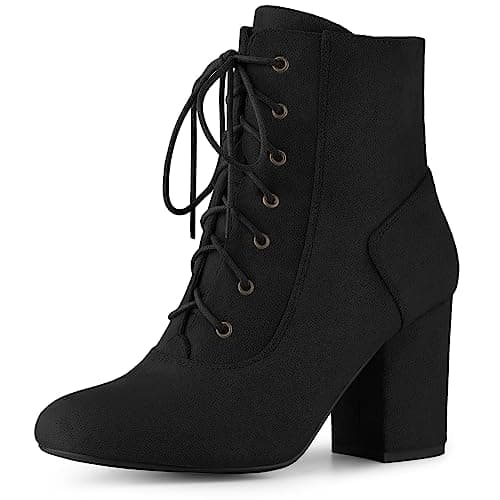Image of Perphy Round Toe Chunky High Heel Lace Up Ankle Boots for Women Black 6 UK/Label Size 8 US