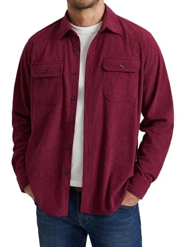 Image of Enlision Mens Corduroy Shirt Long Sleeve Casual Button Down Overshirt Lightweight Shacket with Flap Pockets Vintage Workwear Style Layering Top Burgundy L