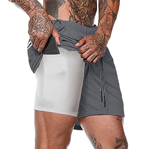 Image of EDOTON Men's Workout Running Shorts, 2-in-1 Quick Drying Breathable Lightweight Built-in Compression Liner Athletic Gym Exercise Training Jogging Short Pants with Back Zipper Pocket Dark Grey
