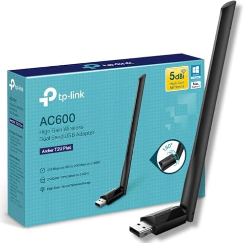Image of TP-Link AC600 High Gain USB Wi-Fi Dongle, Dual Band Wi-Fi Adapter with 5dBi Antenna for PC/Desktop/Laptop, Supports Windows11/10/8.1/8/7/XP, Mac OS X 10.9-10.14 (Archer T2U Plus) (UK Version)
