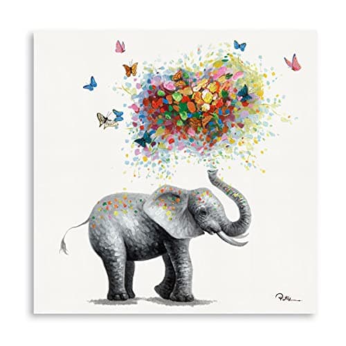 Image of Yidepot Butterfly Elephant Wall Art Print: Colorful Heart Shaped Balloon for Kids' Nursery Wall Decor Canvas Framed Ready to Hang (30x30cm)