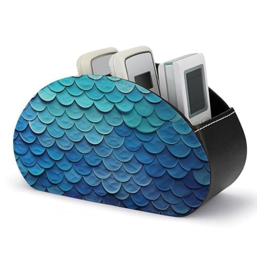 Image of Rkklvbns PU Leather Remote Organizar Box for Office, Blue Mermaid Fish Scale TV Remote Control Holder with 5 Compartments, Anti-slip Desktop Remote Caddy Storage for DVD, Blu-Ray, Media Player