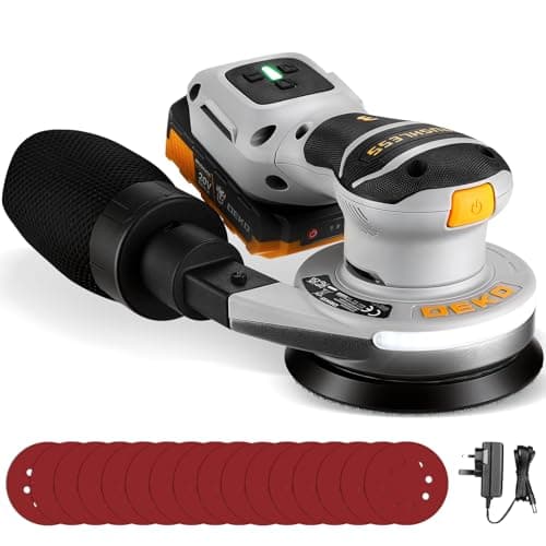 Image of Orbital Sander: DEKOPRO 20V Brushless Cordless Sander with 16Pcs Sandpapers, 12,000 RPM, 125MM, with Self-Suction Function and LED Work Light,(2.0Ah Battery Included)
