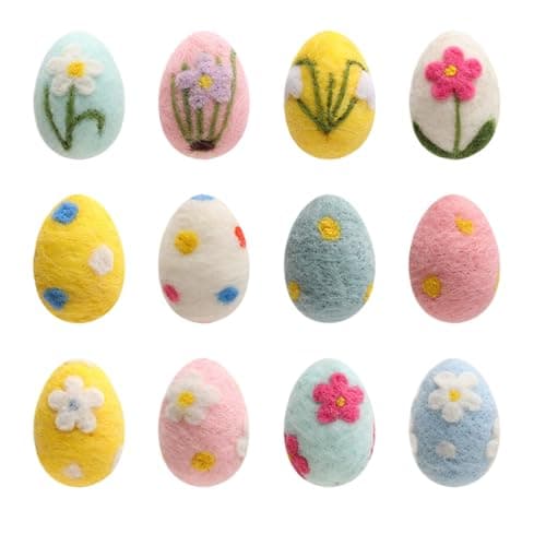 Image of 12 Pieces Felt Easter Eggs, Easter Hanging Eggs Pastel Felted E-ggs Ornaments Handicrafts, Colorful Easte-r Pendants Eg-gs Made Of Felt For Hanging Decorations Spring Decorations Spring