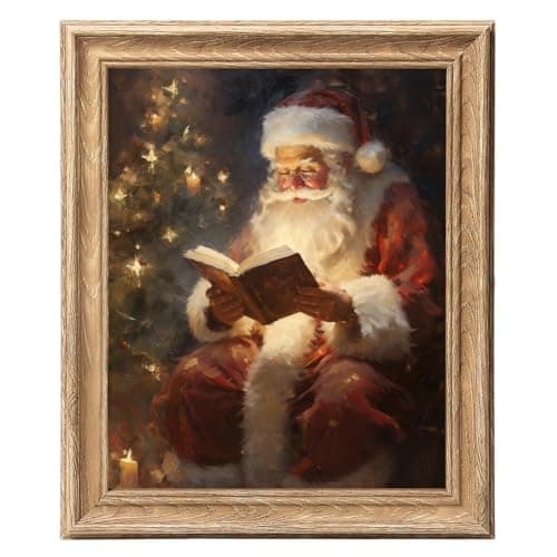 Image of ASTRDECOR Vintage Christmas Wall Art, 8x10 Santa Claus Reading Book Vintage Canvas Print with Wood-Look Frame, Rustic Christmas Oil Painting for Xmas, Winter Home, Living Room, Xmas Decorations
