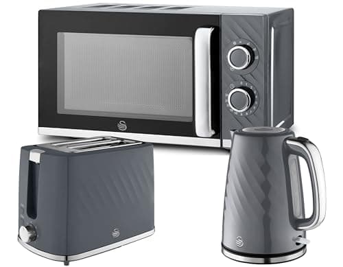 Image of Swan Windsor Grey 3 Piece Kitchen Appliance Set – 1.7L Kettle, 2 Slice Toaster & 20L Microwave (SM4424GRY) – Textured Gloss Finish with Chrome Accents, Contemporary Matching Kitchen Appliances