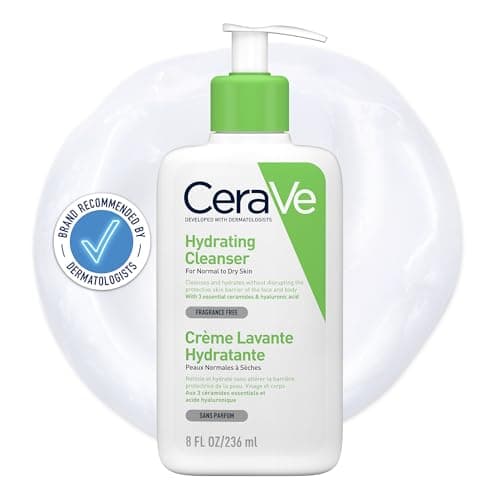 Image of CeraVe Hydrating Cleanser, for normal to dry skin, contains Hyaluronic Acid and 3 essential ceramides, facial cleanser for sensitive skin, Cerave skin care face wash, 236ml
