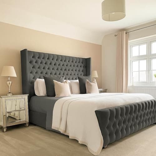 Image of Bespoke Chesterfield Chelsea Wing Bed Frame - UK made - Single/Double/King/Super King Size Plush Velvet Fabric Upholstered (Steel Plush, King size 5ft)