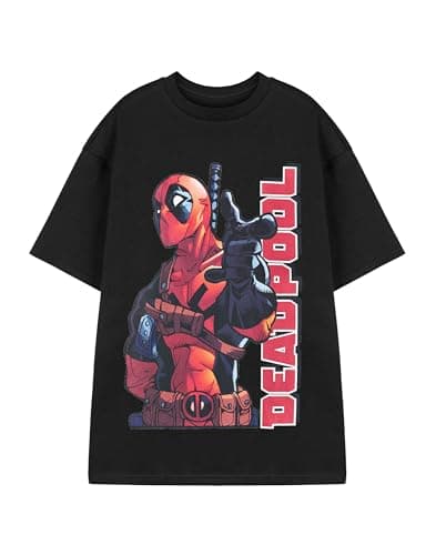 Image of Marvel Deadpool Mens Black Short Sleeve Graphic Tee | Point Deadpool Print T-Shirt | Marvel Comics Short Sleeve Top | Deadpool Logo Shirt for Men - Comic Book Superhero Apparel Gift for Fans