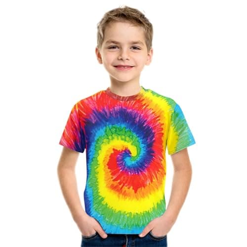 Image of Kids 3D Rainbow Swirl Printed T-Shirt Boys Summer Casual Short Sleeve Top Round Neck Basic Blouse Boys and Girls Stretch T-Shirt Comfortable and Lightweight Tee Children's Versatile Tops (C, S)