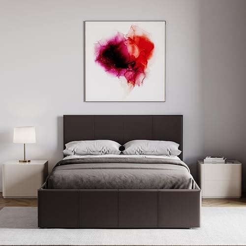 Image of Vida Designs Lisbon Small Double Bed, 4Ft Ottoman Bed Frame Upholstered Faux Leather Headboard Low Foot End Bedroom Furniture, Brown (UKFR Certified)