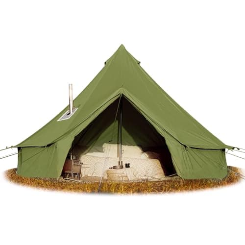 Image of Cotton Canvas Bell Tent - Glamping Yurt with Stove Jack, Waterproof and Breathable Cotton, 4 Season Tent with Zipped Removable Floor (Olive, 5M Diameter)