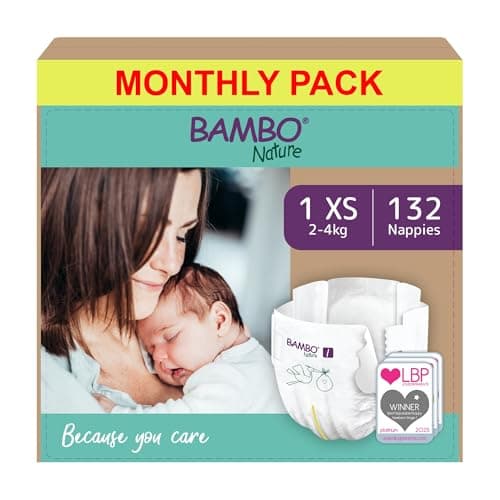 Image of Bambo Nature Premium Eco Nappies, Size 1 (4-9 lb/2-4 kg), 132PK, Eco-Labelled Newborn Nappy, Enhanced Leakage Protection, Secure and Comfortable Baby Nappies, Newborn Essentials, Pack of 6
