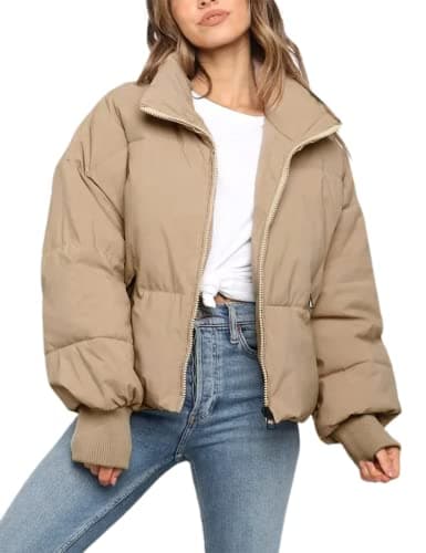 Image of Sukany Women's Winter Casual Padded Full Zip Stand Collar Long Sleeve Puffer Jackets Coat Short Down Warm Quilted Jacket Khaki M